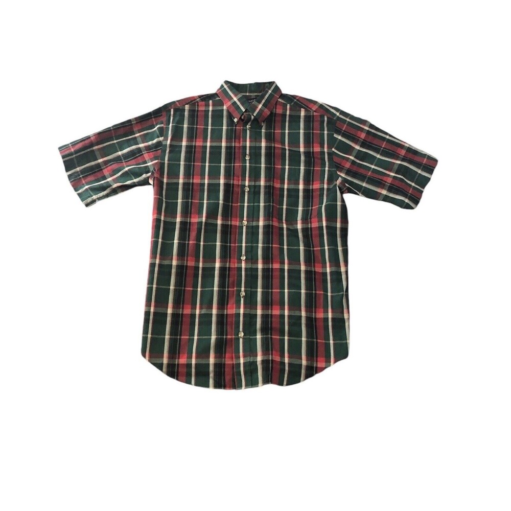 Roundtree &Yorke Plaid Button  Down Short Sleeve Shirt Men’s Green And Red M
